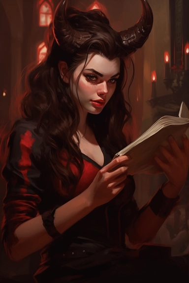 young red tiefling, dark hair, holding a clipboard over her face, fantasy art