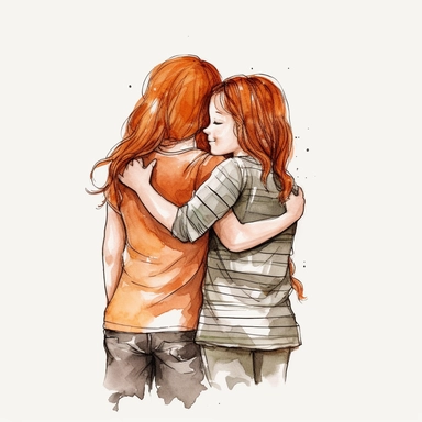 illustration, watercolor, best friend hug clipart, black outline, white background