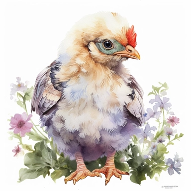 hyperrealistic high detailed watercolor floral baby chicken clipart, white background