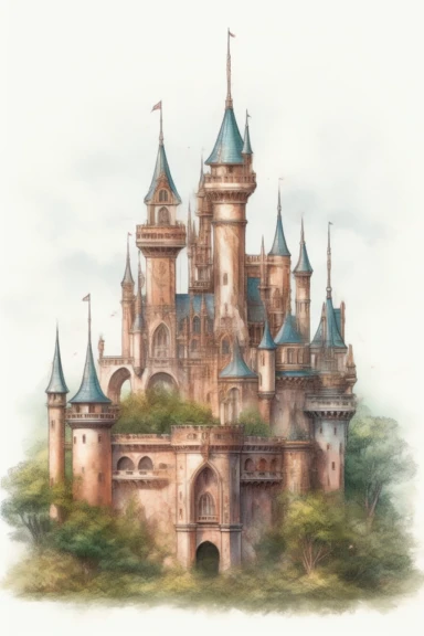 amazing detailed watercolor clipart of a beautiful pastel colored detailed realistic castle with old trees surrounding it, no caption, solid white background, cinematic light lighting, hyper-detailed, 8k, high resolution, symmetrical, Full-body Shot photograph, insanely detailed and intricate, beautiful, elegant, watercolor, cinematic