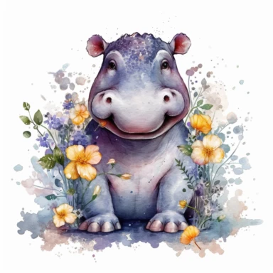 a standing up baby Hippo with cute big eyes, happy smiling face, cute animal, adorable, playful atitude, adorable watercolor animal clipart with a few plant and flowers decor, no background, high quality very sharp with clear focus