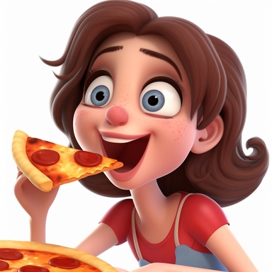 a girl eating pizza, pixar style, clipart, detailed face
