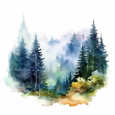 misty mountains in the distance, tall forest trees, watercolor clipart, bright colors, minimalist, isolated white background, 8k