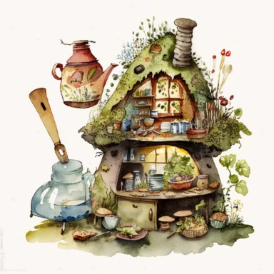 a hyper-detailed illustration watercolor clipart of a whimsical kitchen of a fairy house built out of natural materials by a human,complete kitchen utensil and kitchenware and foods in preparation watercolor illustration, illustration style a combination of Beatrix Potter and Tove Jansson,isolated on white background with margins, cut-out images