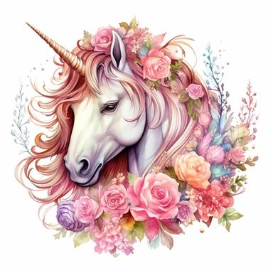 Watercolor Floral Unicorn, peony flowers, roses, Pastel colors, Fantasy, royal, elegance, whimsy, magical, on white background Sublimation Clipart,hyper realistic, intricate detail, illustration style,high solution,on the white background