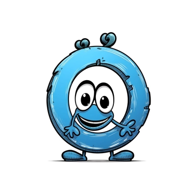 clipart style blue letter O with black line, with arms, legs and friendly cute face for children, isolated, white background,
