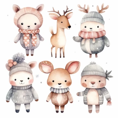 Watercolor collection clipart winter elements snowflakes, kawaii reindeer, ice skating, scarf, neutral colors, no background