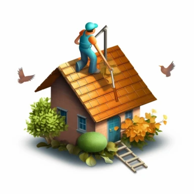 icon clipart diagram of a house with trees, flowers and a roofer working . Png with transparent background. For flyer design