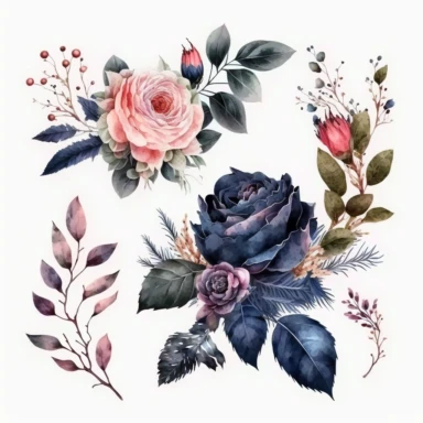 Watercolor illustration of navy blue and pink roses clipart with some wild leaves and florals isolated cozy object on white background, magical colors, white background, watercolor, hyperrealism, high detail, isolated elements, clipart