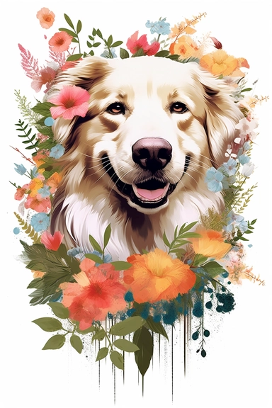 white background, dog, 3d, super closeup, sticker, photorealistic, artwork of t shirt graphic of majestic forest, in digital painting style , beautiful flowers, sunset mountains and clouds , big vines, plants sorround, highly detailed clean, vector image, photorealistic masterpiece, professional photography, realistic, flat white background, isometric, vibrant vector, clipart, illustration, realism, 4k, , cinematic, front view, paradise, extremely white background