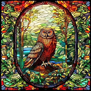 Rectangular stained glass window design, 90 degree square corners, no background, view from solarium in the atrium, owl in the rainforest, very detailed, clipart, clear crisp colors, photorealistic, oil paint, happy, beautiful, bright colors, cute, ultra-detailed, on a white background - - no cropping