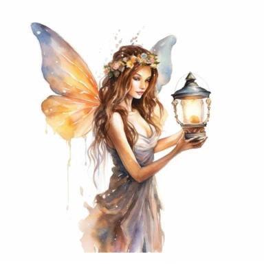 female fairy holding a fantasy lamp, watercolor clipart, white background