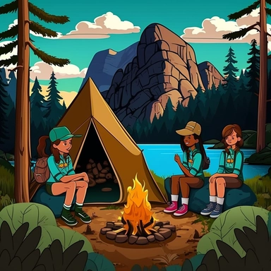 girl scout group sitting around fireplace with tent in the forest mountains and river in the background clipart no text