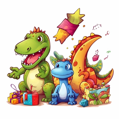 a foolish and cute dinosaurs having fun in a birthday party, clipart style, white bg
