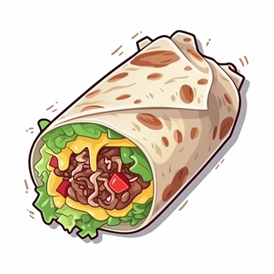 sticker of a single california burrito in a clipart style, with meat, fries, sour creme, and guacamole, and lettuce, wrapped by a flour tortilla. use normal colors for each ingredient