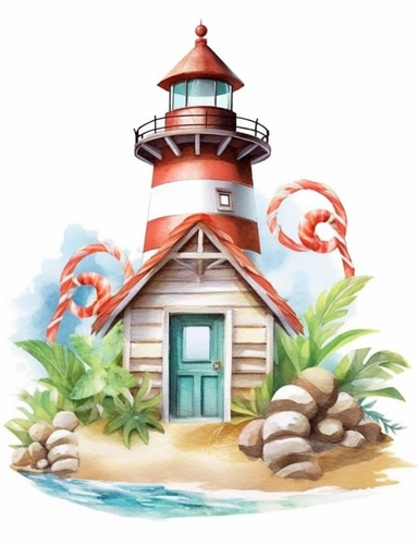 Isolated white background, Watercolor Coastal Decor Clipart Summer Seascape Nautical Beach interior Lighthouse clip art Summer Wooden Sea Decor Fishing net