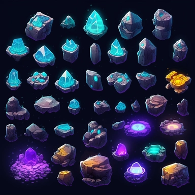 Large Glowing Geode Boulders, video game assets, isometric, top down, isolated figures, hand drawn, level art, atmospheric effects, spatial concept art, muralist, clipart, ps1 graphics, deconstructed objects, 2d, plain background