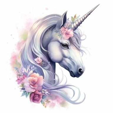 Create a clipart of a majestic unicorn with a glittering silver horn. The unicorn should be depicted in a watercolor style with realistic details. The background must be plain and contrasted to bring out the beauty and majesty of the creature. The unicorn should be the main focus of the image, commanding attention with its regal presence and graceful form. Ensure that the image captures the essence of the unicorn's mythical nature while remaining true to the realistic style.