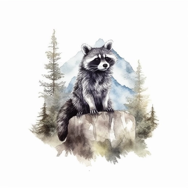 watercolor style, devil raccoon with the mountain forest in the back clipart, isolated on white background, hd