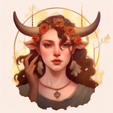Taurus zodiac sign as fantasy girl with nose ring and earnings, and brown hair, Watercolor Zodiac Sign Clipart Astrology medea, Goddess of taurus, jasons golden fleece, ram horns, dragon, Medea, roses,