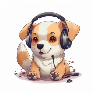 cute dog with headphone and holding a gaming console, clipart, white background, cute cartoon artstyle, 2D, 8k,