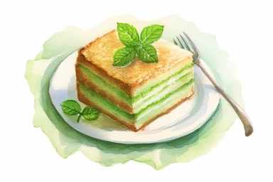 picturesque,a bright simple green tea sponge cake on dish in family restaurant, mint, clipart on white background, watercolor style,detailing, high quality, painted by Beatrix Potter, 8k
