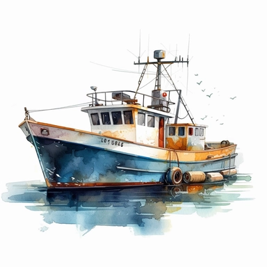 Fishing boat clipart, watercolor illustration, simple, clean, realistic, isolated on the white background, vibrant colors, very detailed, hd