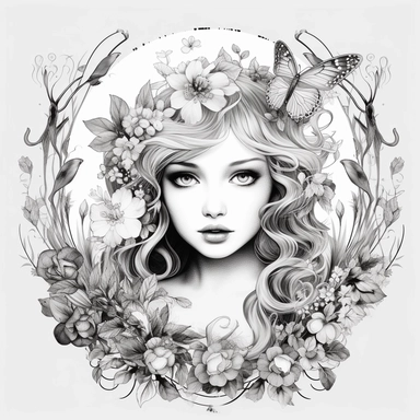 Hyper realism art, shutter speed, Face is focus, Sharp details, simple black and white clip art, Silhouette crisp line coloring page for adults, happy Fantasy Fairy, princess dress, surrounded by flowers and animals, symmetrical head, center of frame, per