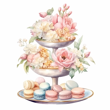 Clipart, Watercolor, Blush Floral Shabby Chic Tier Candy Tray with Sweets, Macarrons, Cakes and Cupcakes, light colors, hand-draw, texture