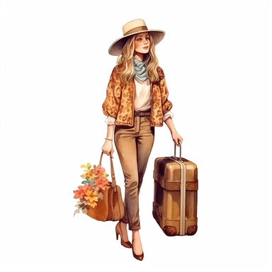 a vintage young lady carrying a Leather brown retro bag , floral, james christensen style,illustration Watercolor hand painted vintage suitcase design. Travel concept clipart,white background with margins , white background for removing background - - no text shadow font watermark