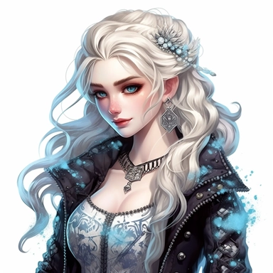 Disney princess Elsa, long white blonde rocker hairstyle, pale blue leather jacket over a ripped blue ballgown, snowflake necklace, skulls, gothic style, rock style, clipart, white background, by Kawacy