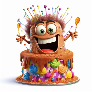 clipart of a messy two layer birthday cake, there is a funny face in the cake, candles, cartoon, for kids, funny, pixar, 8k, white background, sharp focus, detailed,