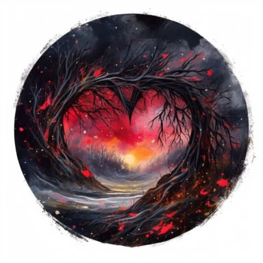painting of a heart with a dark night inside of it, in the style of enchanting realms, nature-inspired installations, bloomcore, mesmerizing colorscapes, skillful, fluid and organic, clipart, blank white background
