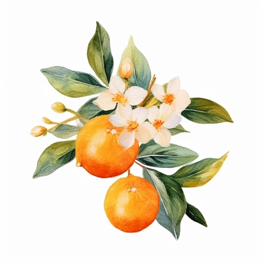 A colorful watercolor orange citrus flower design clipart in PNG format, vector, with a white background and easy to cut out
