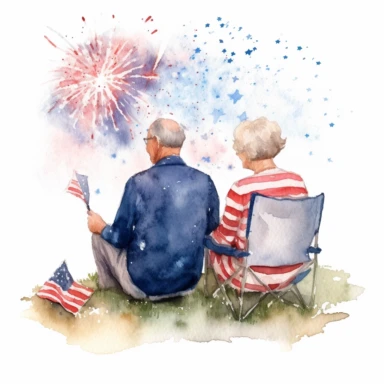 old couple watching Fourth of July fireworks, sitting on blanket on grass, clipart, watercolor style, defined edges, white background