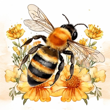 A charming watercolor honey bee clipart capturing the beauty of spring garden bees, delicate honey bee painted in warm tones of yellow and black, fuzzy body and translucent wings are depicted with intricate details, hovers near a cluster of blooming spring flowers, such as daisies, tulips, and lavender, which are painted in vibrant and harmonious colors, soft and dreamy atmosphere, each illustration focuses on the exquisite details of the honey bee, showcasing its unique beauty and importance in