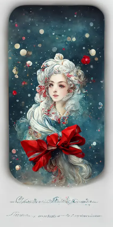 Christmas gift box, red bow, clipart, anime, christmas background, white snow, flooded with celestial starry waters, rococo style Marie Antoinette, big glass windows with billowing, floral drapery,