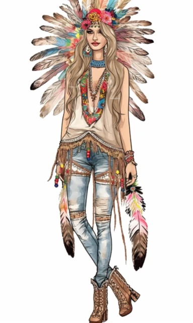 woman in standing fashion pose clipart, Bohemian, exotic, blue eyed and blonde haired woman with a colorful indian chief headdress with long feathers on her head, standing fashion pose with cowboy boots, lotus choker, large earings, tattoos, hands in prayer, wearing her heart on her sleeve, watercolor illustration, in th e style of Job ID: 604300f4 - 6984 - 4a9a - aa16 - 00313a985d77 Seed: 1300855054