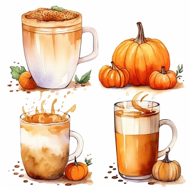 autumn themes four takeaway spice latte pumpkin coffee cups, watercolour clipart, white background