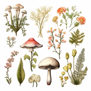 gorgeous set of wild Nordic plants clipart, flowers branches buds leaves moss mushrooms, vintage botanical art, detailed watercolor illustration, sublime, dreamy, soft muted colors, sharp detail, isolated on white background