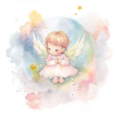 A watercolor painting of a little girl with angel wings.