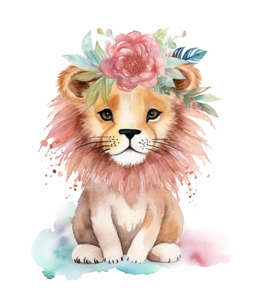cute lion isolated clipart on white, in the style of whimsical watercolors, colorful costumes, light pink and dark brown, carnivalcore, kushan empire, animated gifs, extravagant table settings