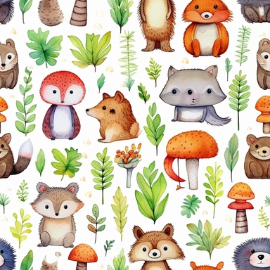 small wild animals , Watercolor, vector, white background, clipart, Seamless patterns, repeating patterns design, flat illustration, outlined , Vector, 4K, Art station, digital print, highly detailed clean, A detailed illustration a field,3D vector art, cute and quirky, fantasy art, neon colors, Adobe Illustrator, hand-drawn, digital painting, low-poly, soft lighting, isometric style, retro aesthetic, focused on the character, 4K resolution,vector image, photorealistic masterpiece, professional 