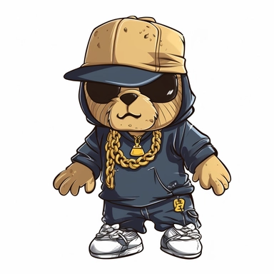 tough looking teddy bear Clipart, teddy bear with a gold chain and a baseball cap turned backwards, wearing baggy pants and a hoodie, png