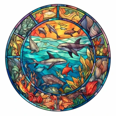 An octagon-shaped stained glass window clipart, showcasing an undersea adventure with playful dolphins, colorful fish, and vibrant coral. Rendered in a hand-drawn, watercolor style with a white background for easy cutting.