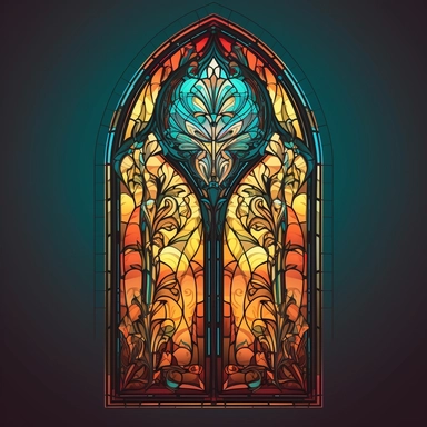 gothic, single cathedral window, glass, fancy scrolling, illustration, colored, vector art, clipart, graphic design, blank background, evoking emotion, detailed image
