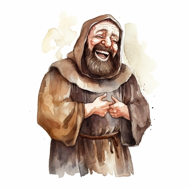 happy bearded medieval friar Tuck laughing with a guilty look with his hands near his mouth as if he told a dirty joke watercolor clipart no words no watermark