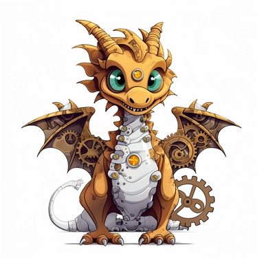 friendly dragon with cute eyes, standing up, in the style of steampunk, clipart, white background, lots of cogs,