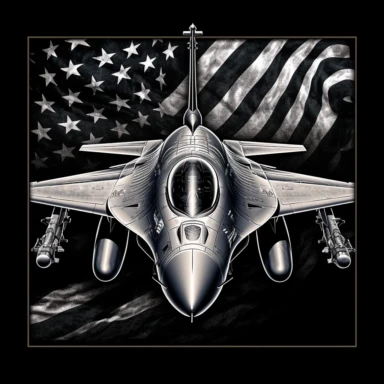 f16 fighter jet and flag, in the style of dramatic shading, sleek metallic finish, black background, american realism, ultra hd, powerful portraits, emphasis on character design, clear outer edges of design ,cartooncore, clipart, frame around the clipart