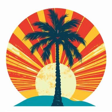 palm tree with sun in background, vector art, in the style of pop art, clipart, white background, rounded corners